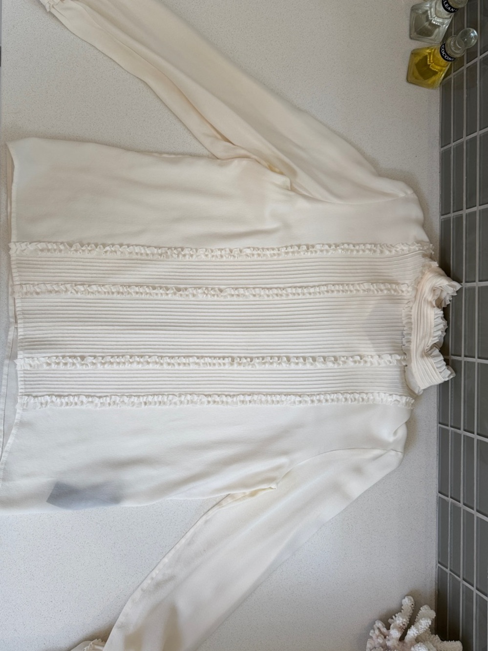 The Kooples Cream Ruffle Pintuck Long-Sleeve Dress